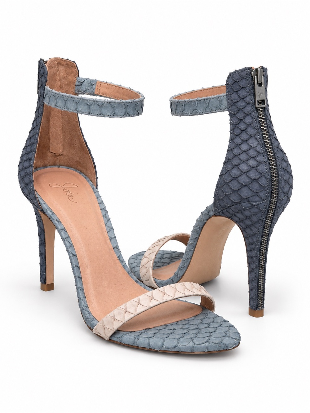 Joie Blue Snakeskin-Textured Leather Ankle Strap Heels